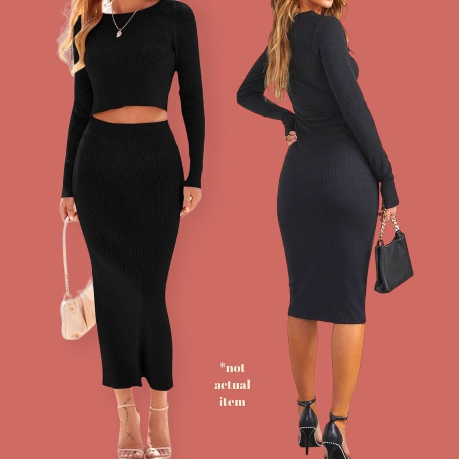 Nwot Cutout Black Midi Dress Long Sleeves Flattering Xl